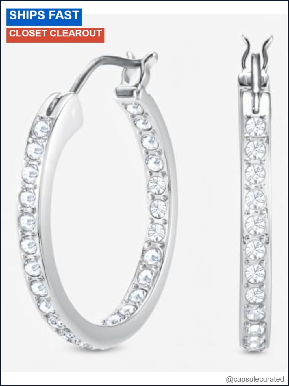 Swarovski Crystal Hoop Earrings Rhodium Finish Pavé Hinged Hoop